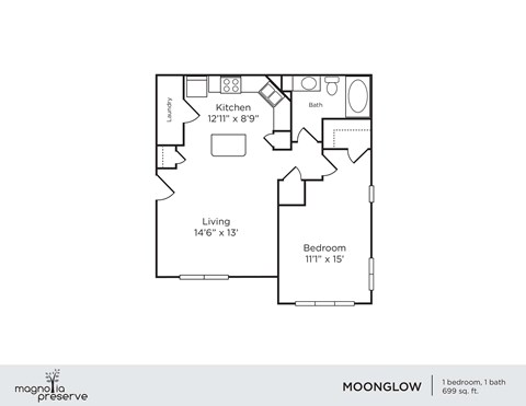 Floor plan for 1 bed, 1 bath, 699 sqft